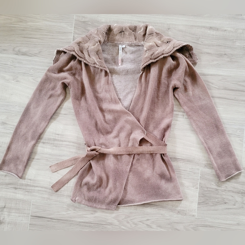 YOUNG FABULOUS & BROKE Wrap Sweater Ombre Taupe w/ Knit Shawl Collar, Size M